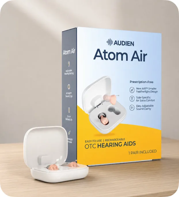 Atom Air retail box with the open charging case in front