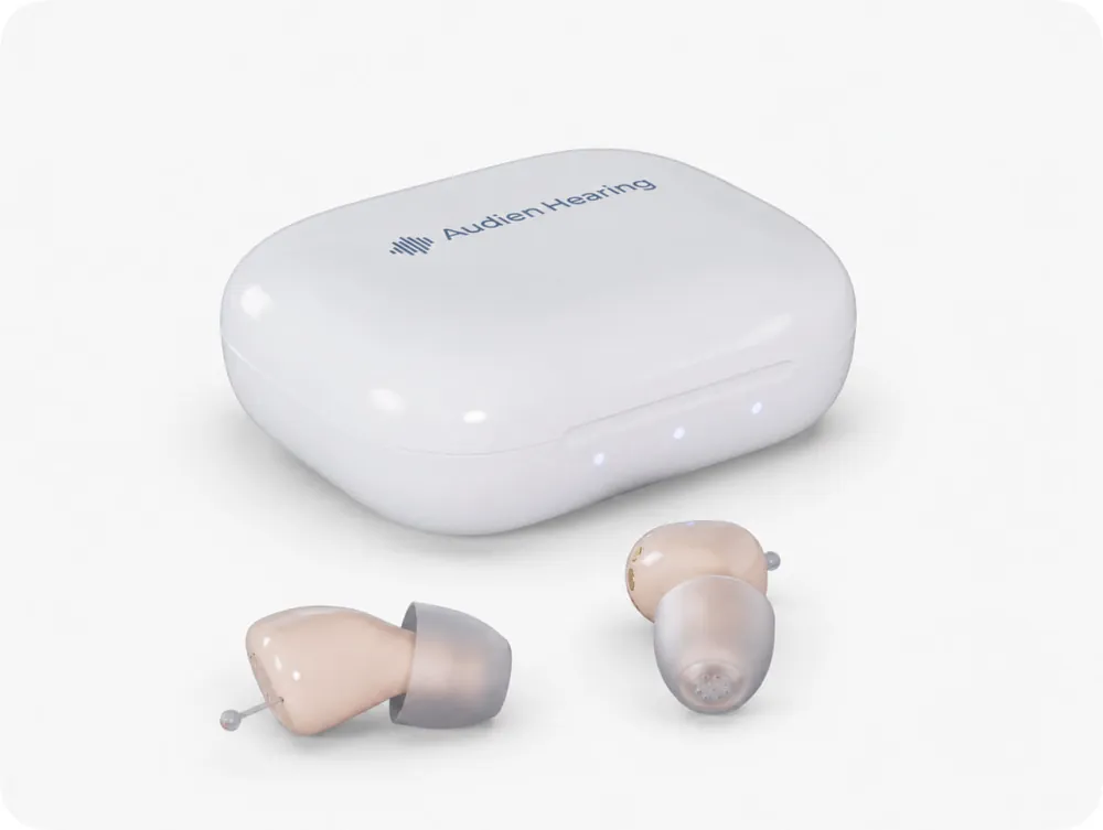 Atom Air charging case with both earpieces