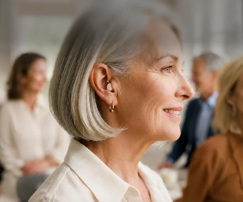 Smiling woman wearing a small in-ear hearing aid at a social gathering